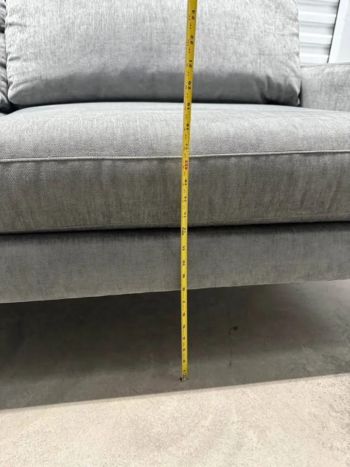 West Elm Andes 77 Inch Distressed Gray Couch With Brass Legs image indicator(7)