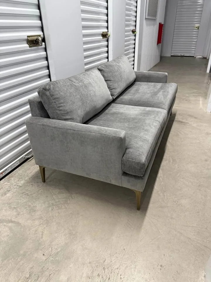 West Elm Andes 77 Inch Distressed Gray Couch With Brass Legs image indicator(8)