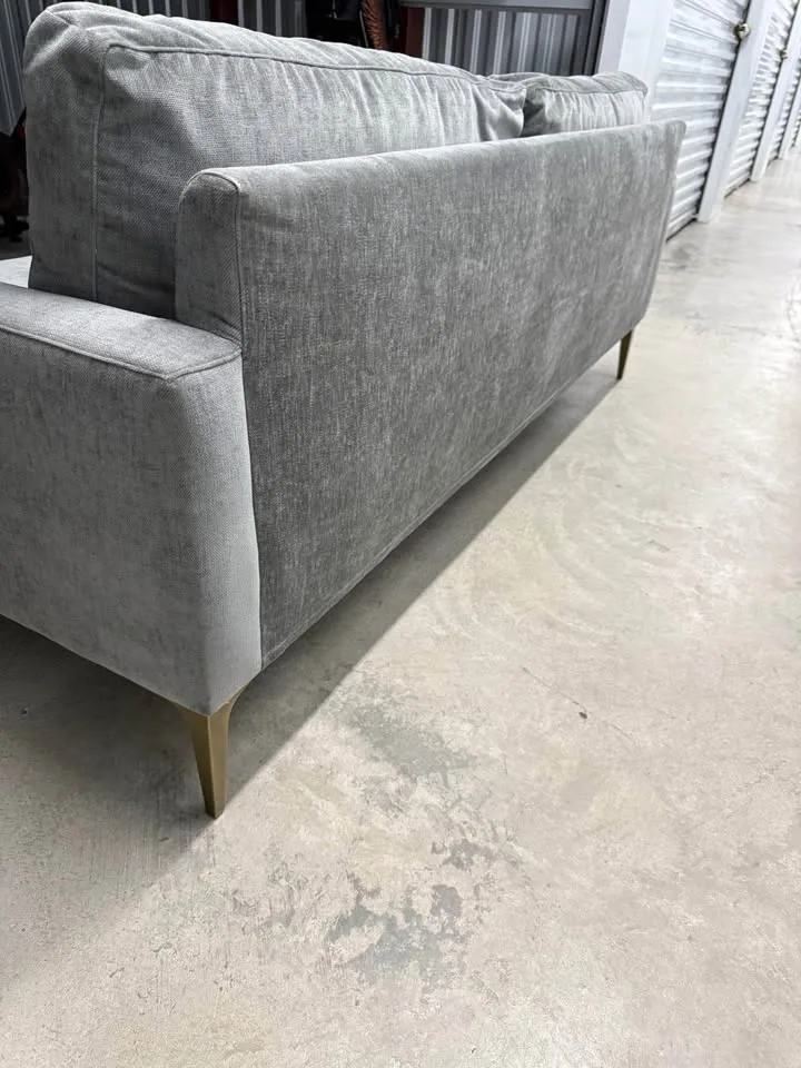 West Elm Andes 77 Inch Distressed Gray Couch With Brass Legs image indicator(9)