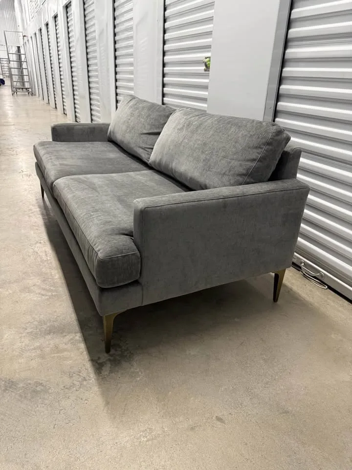 West Elm Andes 77 Inch Distressed Gray Couch With Brass Legs image indicator(10)