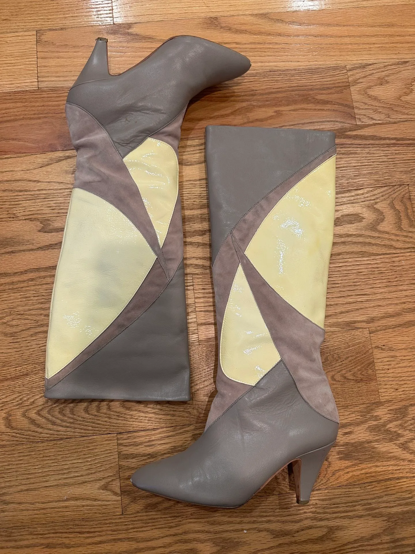 Grey Leather Boots W/ Cream Patent + Suede