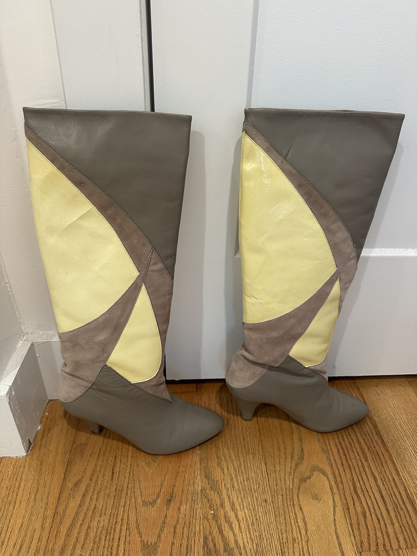 Grey Leather Boots W/ Cream Patent + Suede - photo 2