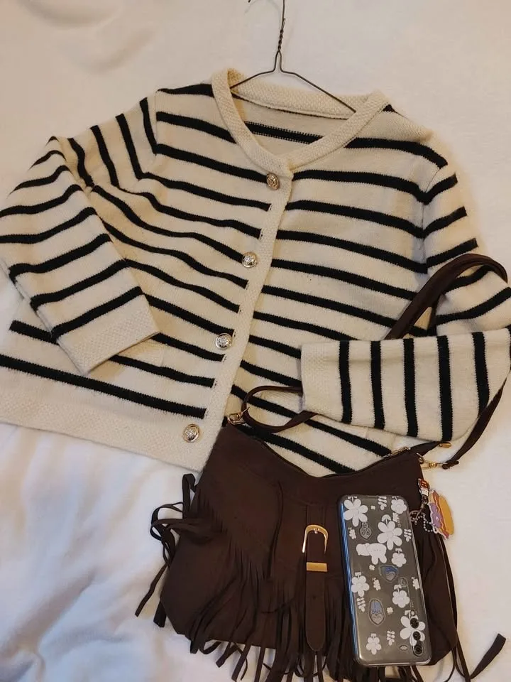 Dark Brown Tassel Crossbody Bag + Thick Striped Cardigan image indicator(2)