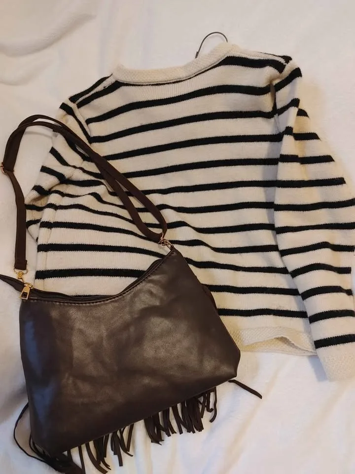 Dark Brown Tassel Crossbody Bag + Thick Striped Cardigan image indicator(3)