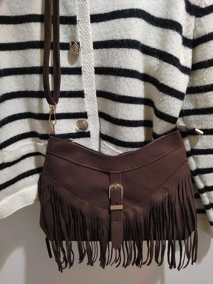 Dark Brown Tassel Crossbody Bag + Thick Striped Cardigan image indicator(4)