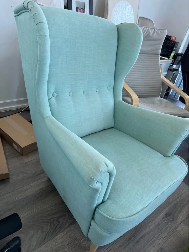 IKEA Light Blue Wingback Chair and Blue Footstool image indicator(2)