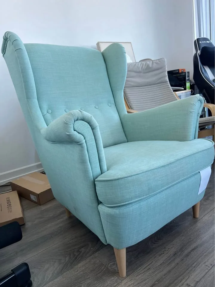 IKEA Light Blue Wingback Chair and Blue Footstool image indicator(3)
