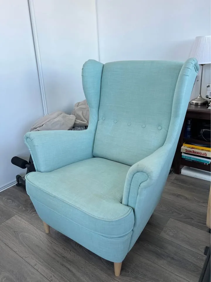 IKEA Light Blue Wingback Chair and Blue Footstool image indicator(4)