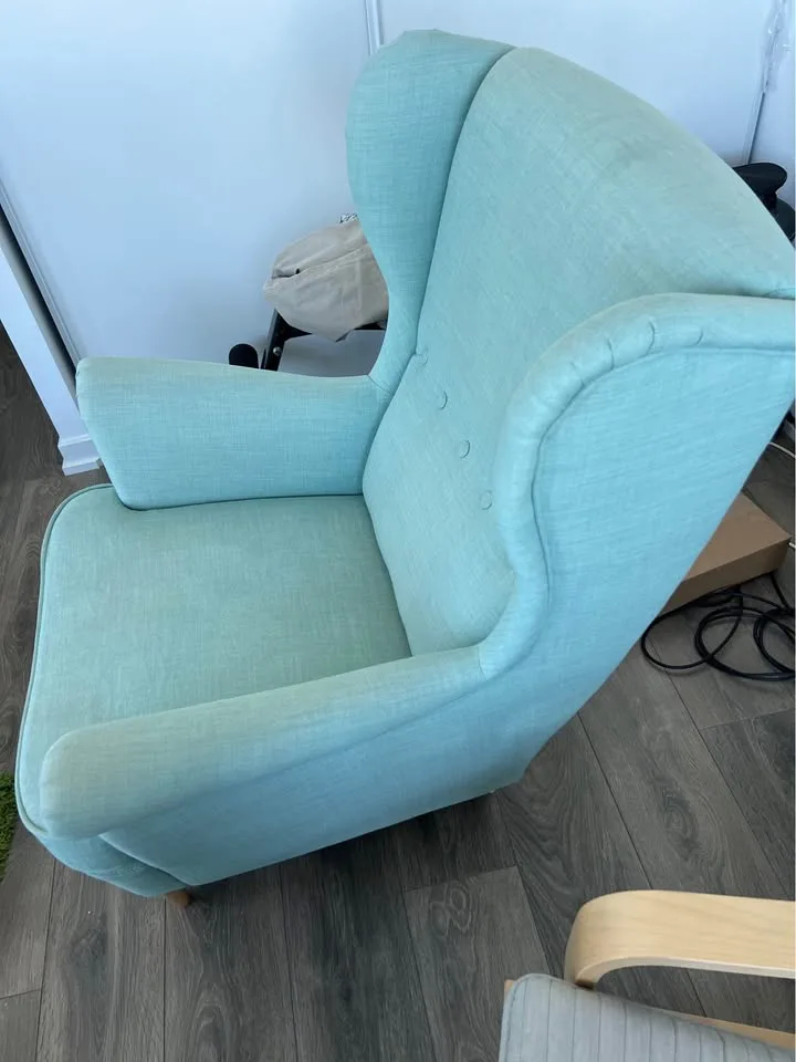 IKEA Light Blue Wingback Chair and Blue Footstool image indicator(5)