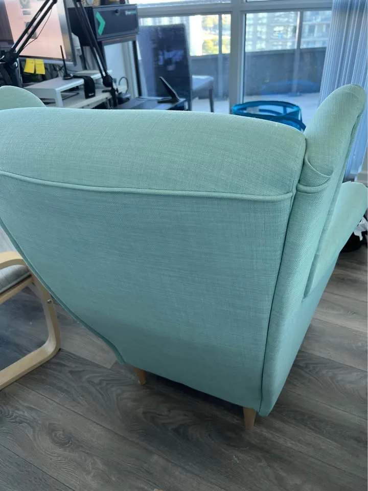 IKEA Light Blue Wingback Chair and Blue Footstool image indicator(6)