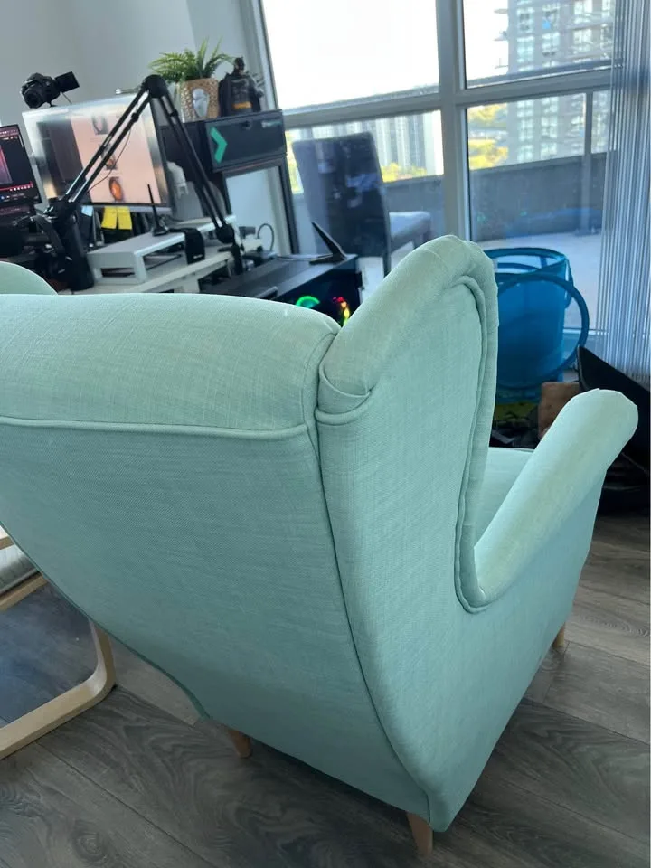 IKEA Light Blue Wingback Chair and Blue Footstool image indicator(7)