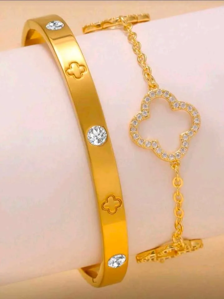 ✨ 2pcs Fashionable Luxury Clover Nail Bangle & Bracelet Set ✨ image indicator(3)