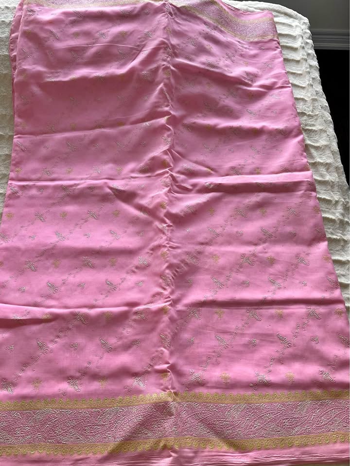Baby pink rubber print and maroon silk saree