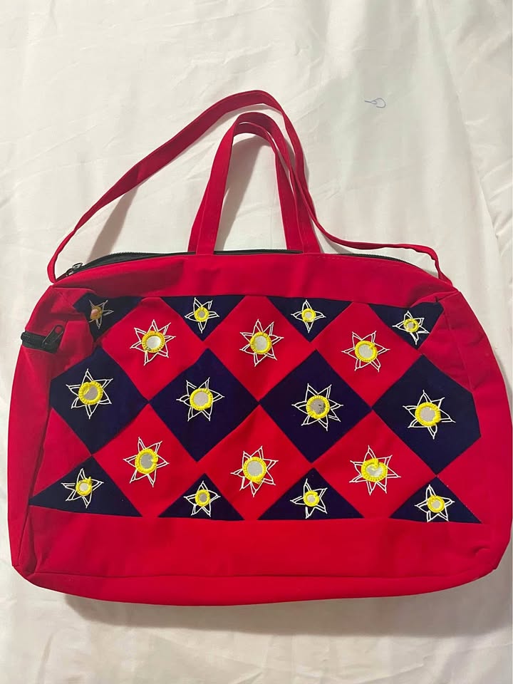 BLUE AND RED MIRROR WORK VELVET BAG