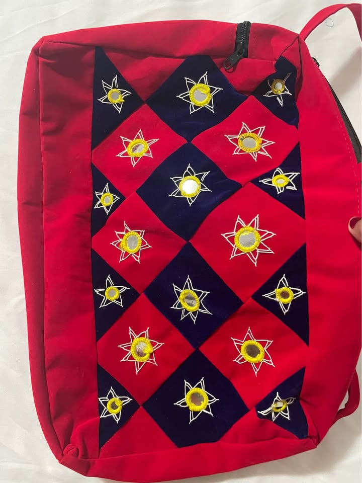 BLUE AND RED MIRROR WORK VELVET BAG - photo 3