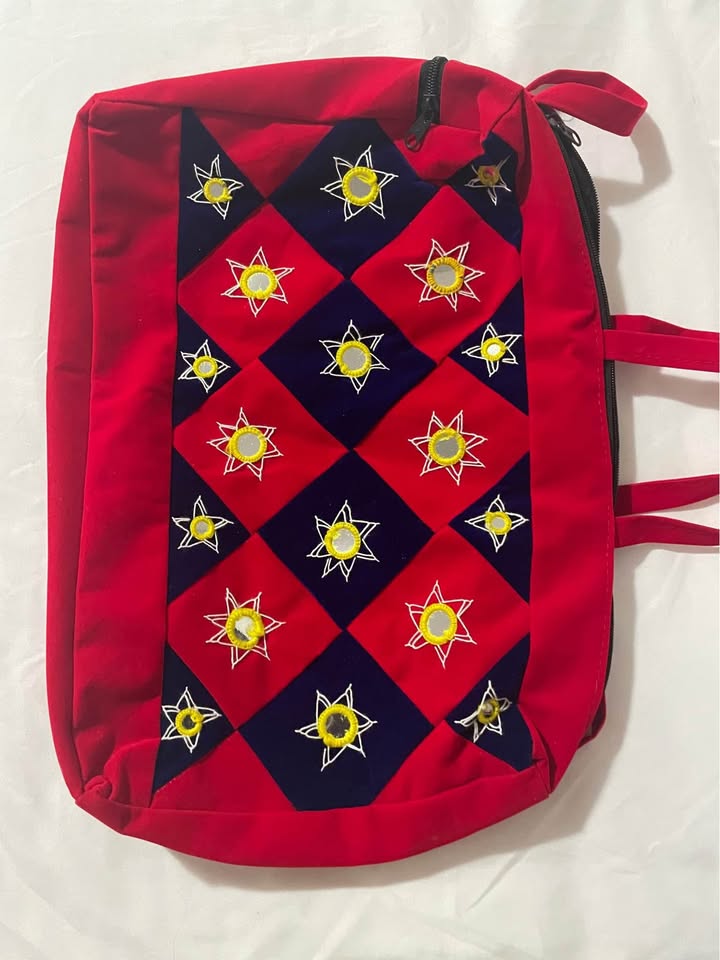 BLUE AND RED MIRROR WORK VELVET BAG - photo 4
