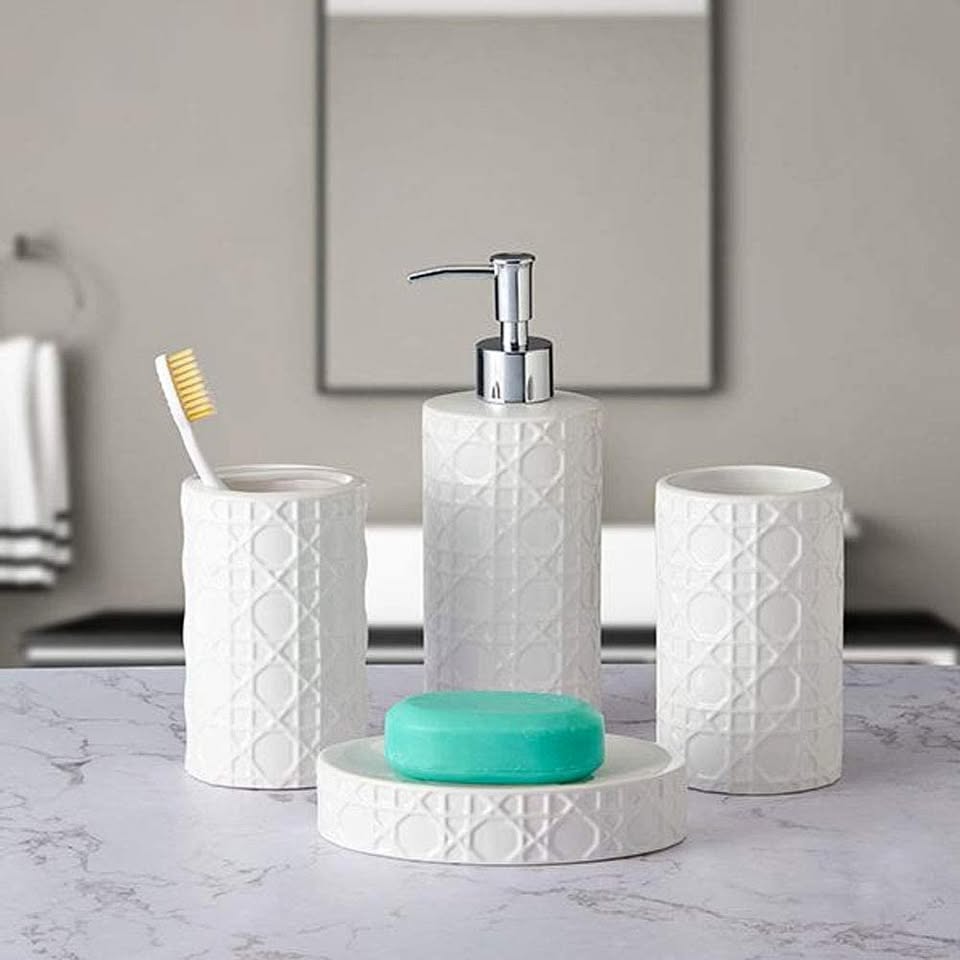 New 4 pc bath set - soap pump, toothbrush holder, tumbler, soap