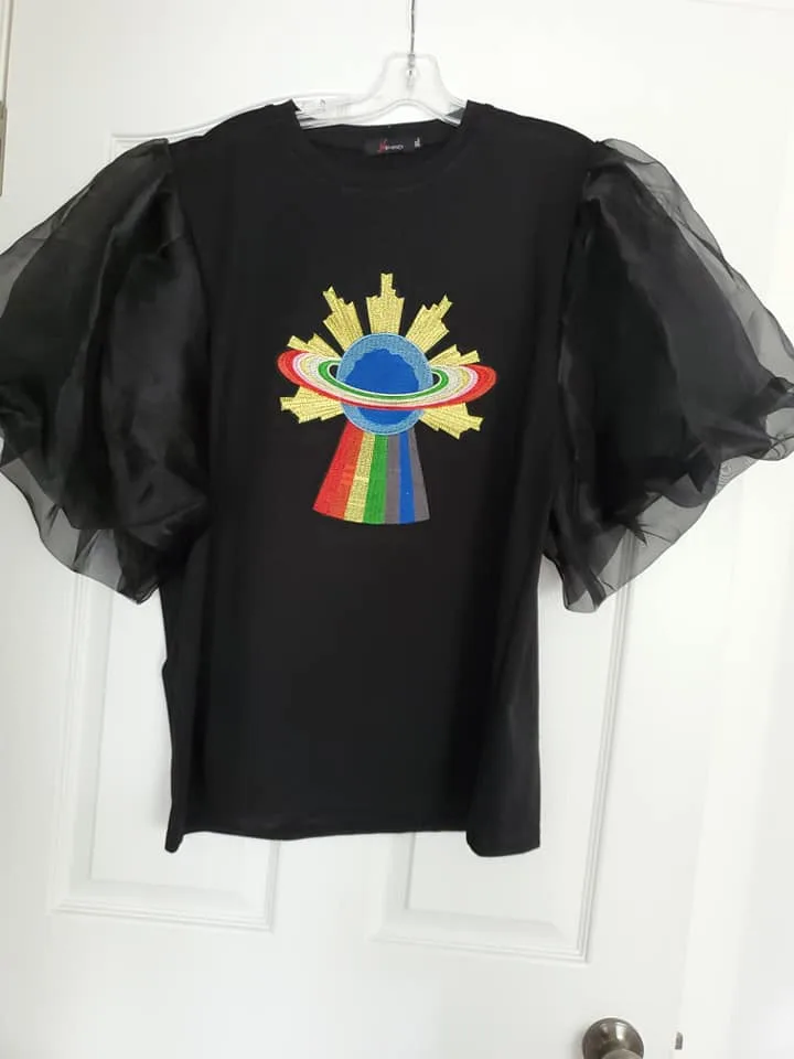 Top with puffy mesh sleeves