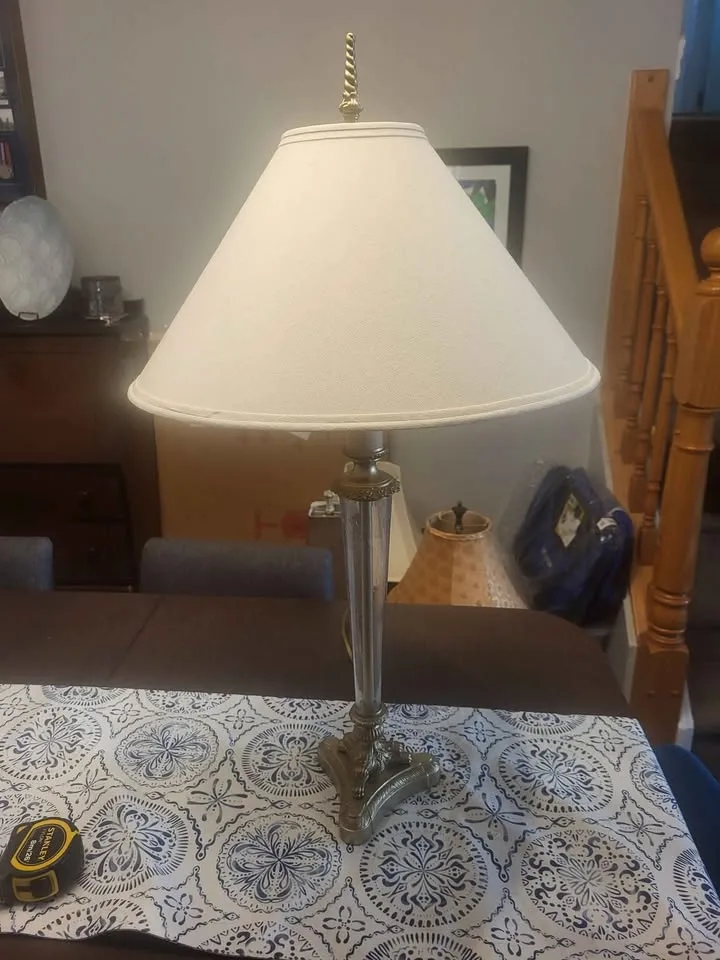 Large Gold and Glass Table Lamp with Round Off-White Shade image indicator(2)