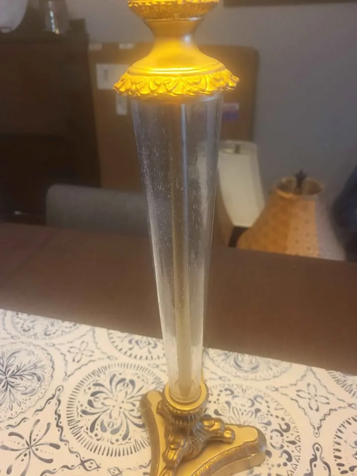 Large Gold and Glass Table Lamp with Round Off-White Shade image indicator(3)