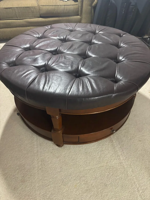 Wood and leather round coffee table thumbnail