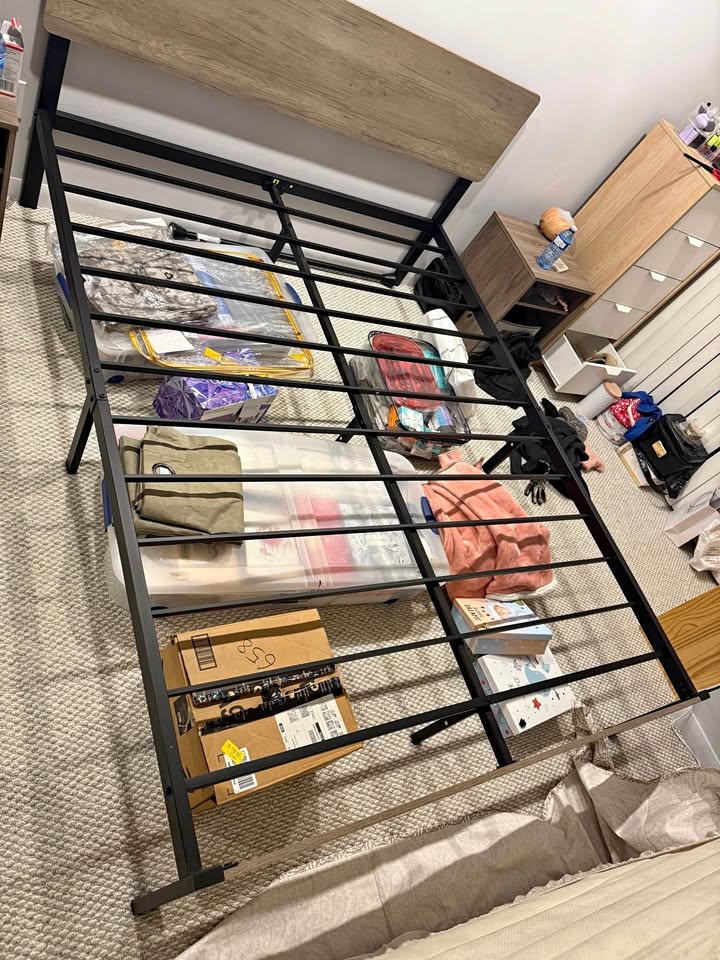 Queen Bed Frame with Wood Headboard + Matching Nightstand