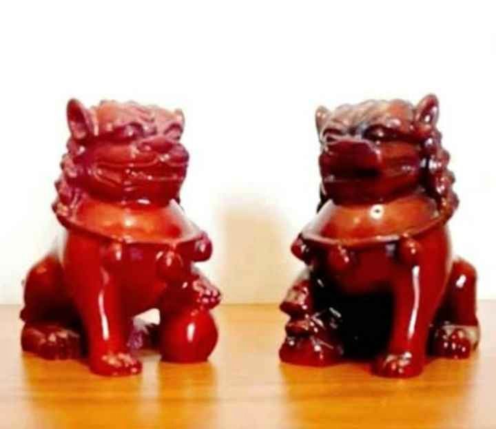 Handmade Chinese Foo Fu Dogs Cannabar Red Resin Sculptures