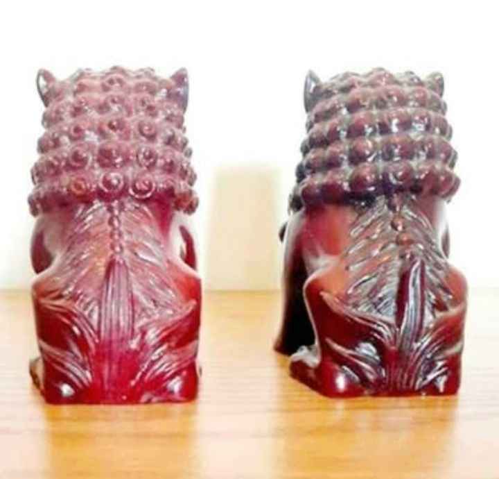 Handmade Chinese Foo Fu Dogs Cannabar Red Resin Sculptures - photo 3