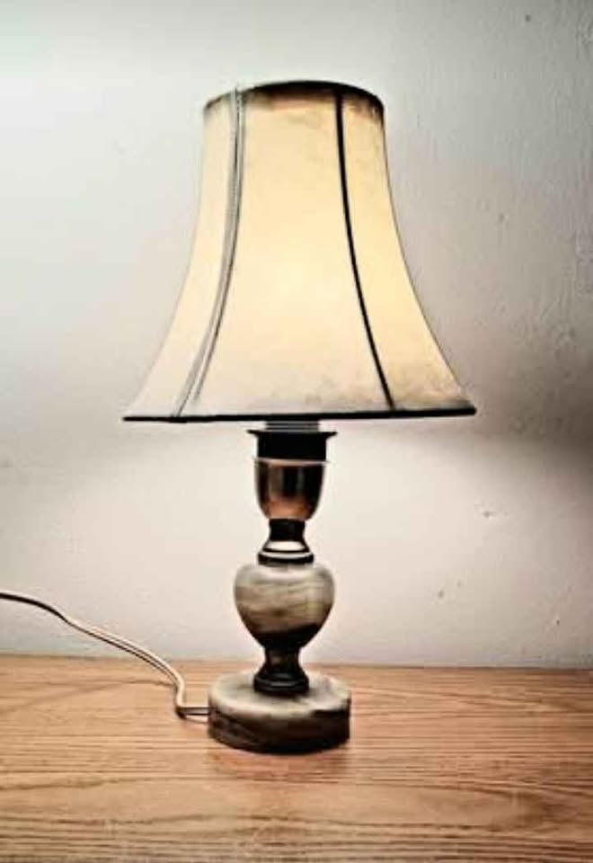 Vtg Polished Hand Carved Onyx Marble & Leather Lamp Shade