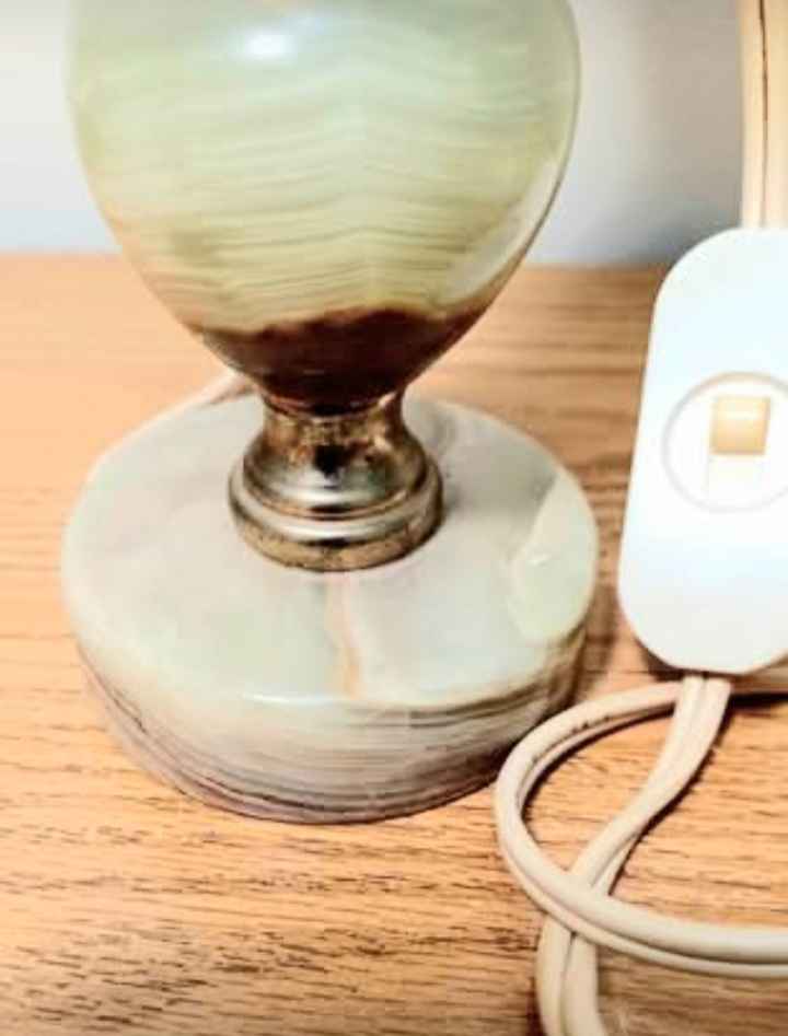 Vtg Polished Hand Carved Onyx Marble & Leather Lamp Shade - photo 3