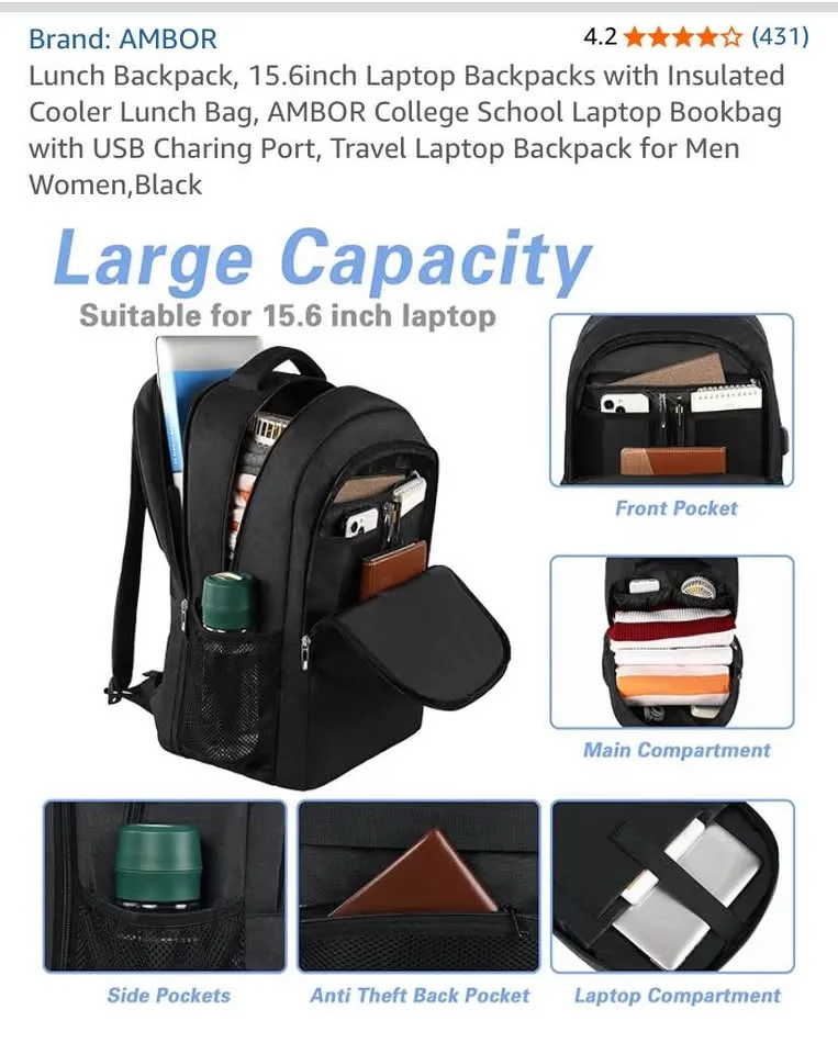AMBOR Lunch Backpack, 15.6inch Laptop Backpack. Brand new image indicator(2)