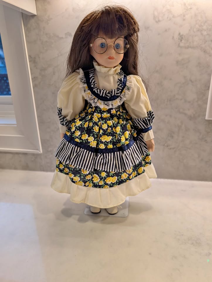 Vintage 1996 Porcelain Doll- glasses, blue eyes, floral dress