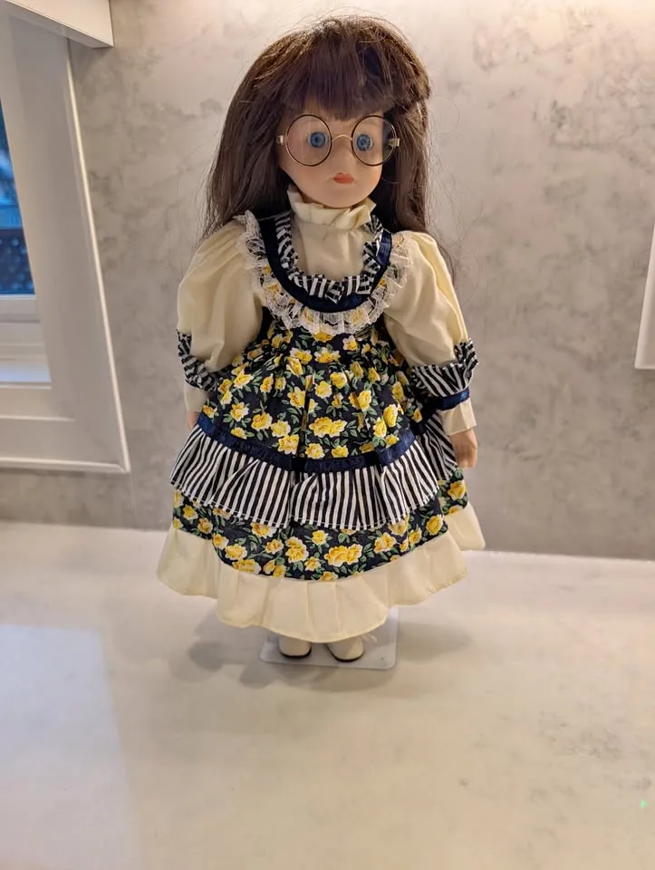 Vintage 1996 Porcelain Doll- glasses, blue eyes, floral dress thumbnail