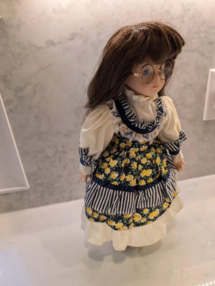 Vintage 1996 Porcelain Doll- glasses, blue eyes, floral dress image indicator(2)