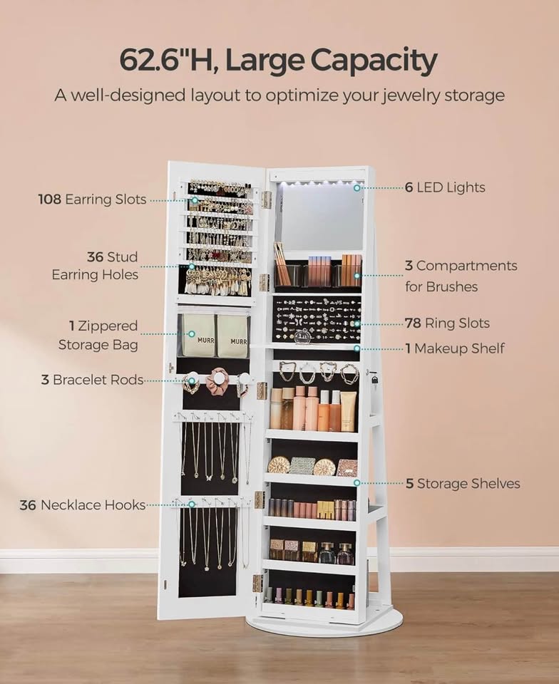 SONGMICS LED Mirror Jewelry Cabinet - Like New - photo 4