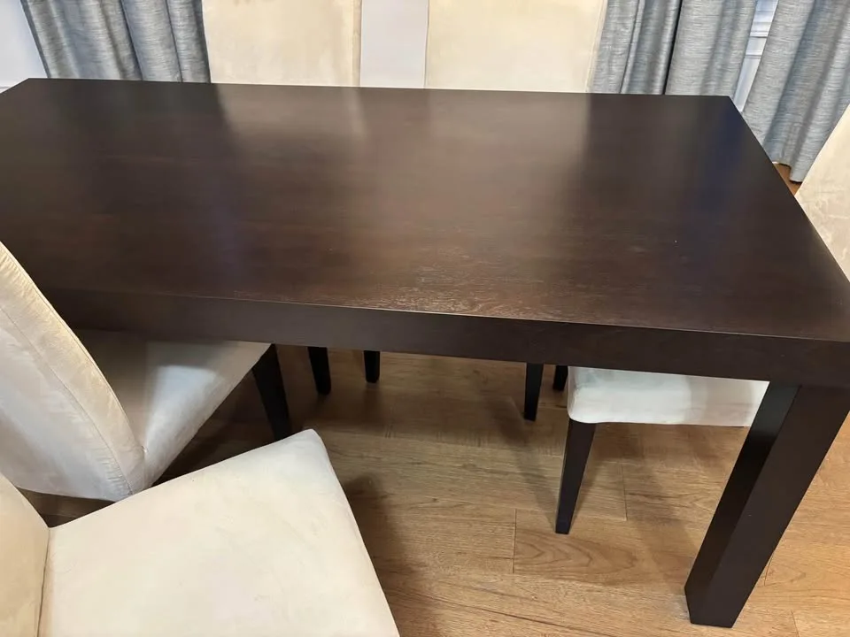 Dark espresso wood dining room set w/ 6 microsuede parsons chair image indicator(3)