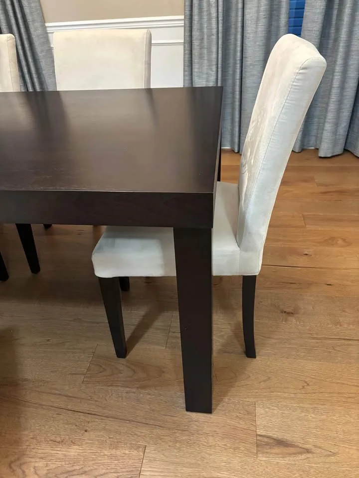 Dark espresso wood dining room set w/ 6 microsuede parsons chair image indicator(4)