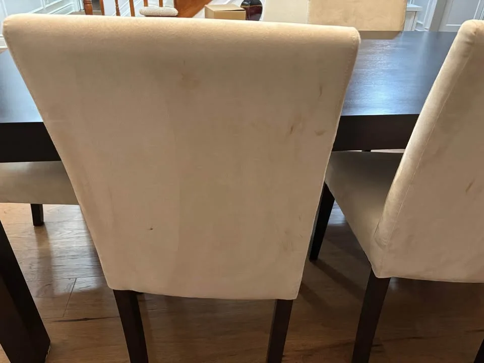 Dark espresso wood dining room set w/ 6 microsuede parsons chair image indicator(5)