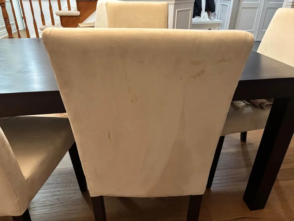 Dark espresso wood dining room set w/ 6 microsuede parsons chair image indicator(6)