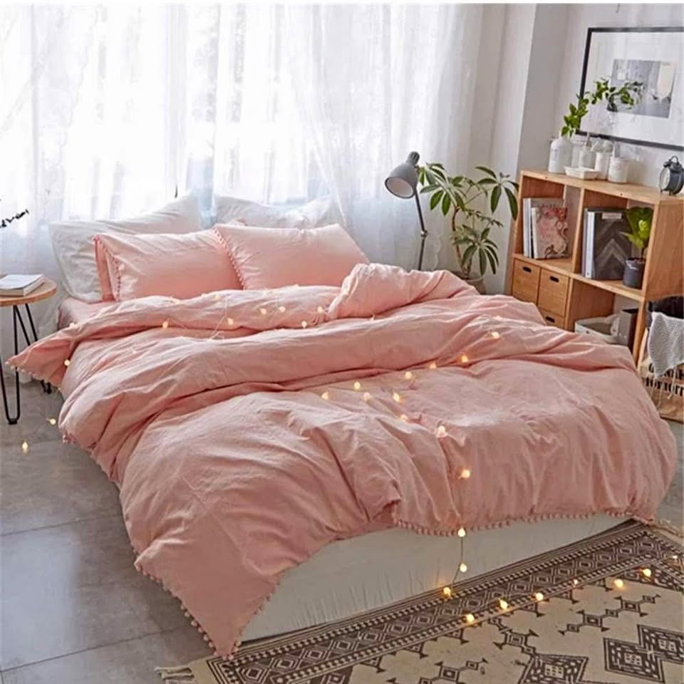 Duvet Cover Set for Full Size Bed, Blush Pom Fringe Boho
