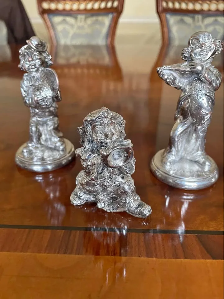3 pcs collection of silver plated sculptures of clowns musicians thumbnail