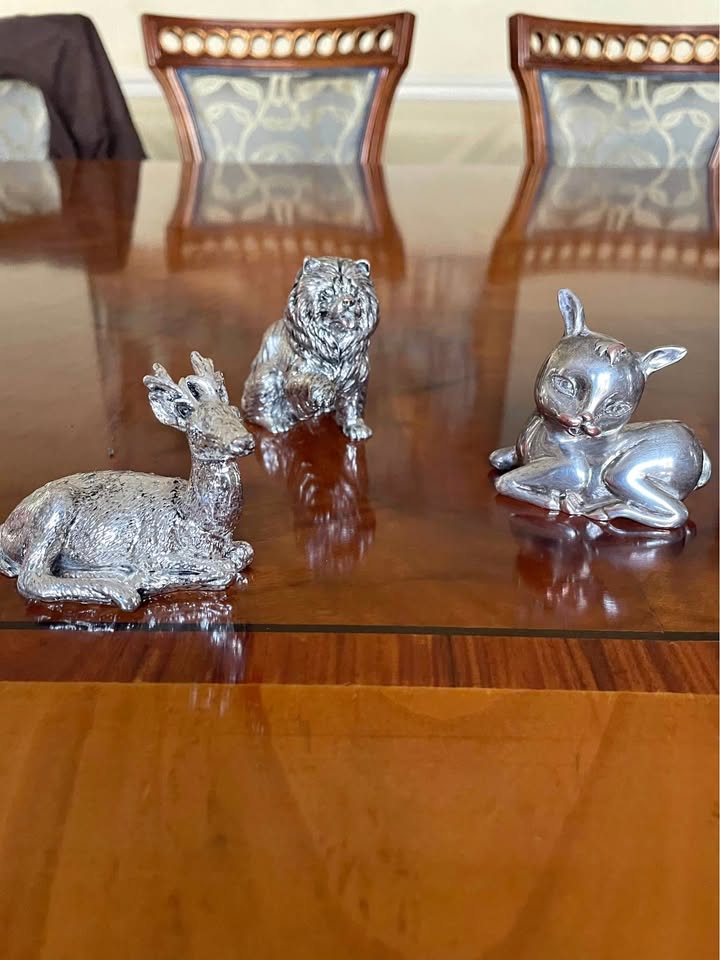 3 pcs collection of animals sculptures, metal silver plated