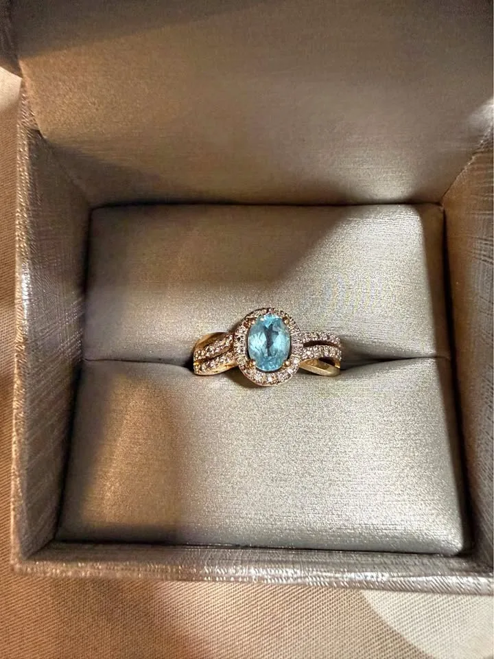 10k, genuine diamonds and aquamarine ring