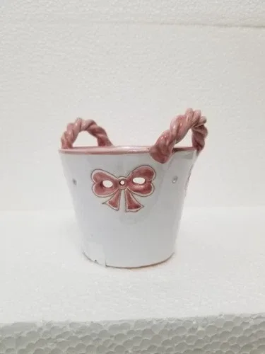Cute miniature Italian ceramic planter basket. Floral design, tw