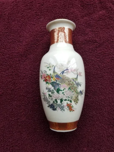 Vintage Hand Painted Satsuma Vase Peacock and floral design image indicator(7)