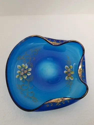 Vintage Folded Rim Blue Art glass handblown handpainted image indicator(2)