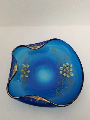 Vintage Folded Rim Blue Art glass handblown handpainted image indicator(4)