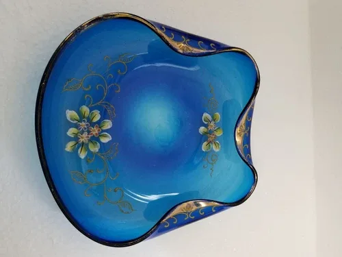 Vintage Folded Rim Blue Art glass handblown handpainted image indicator(5)