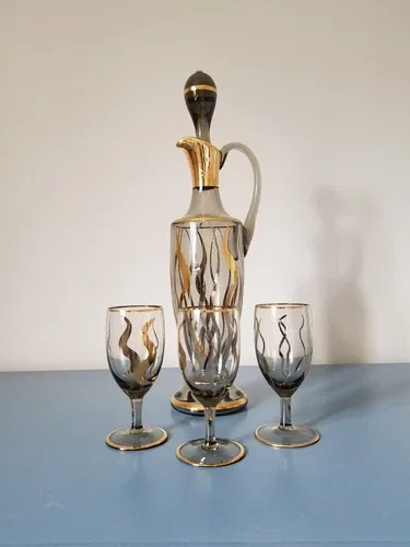 Vintage Bohemian Glass Mid-Century Decanter set Gold/silver