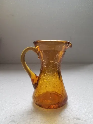 Amber Crackle Glass Mini Pitcher – Vintage Hand-Blown